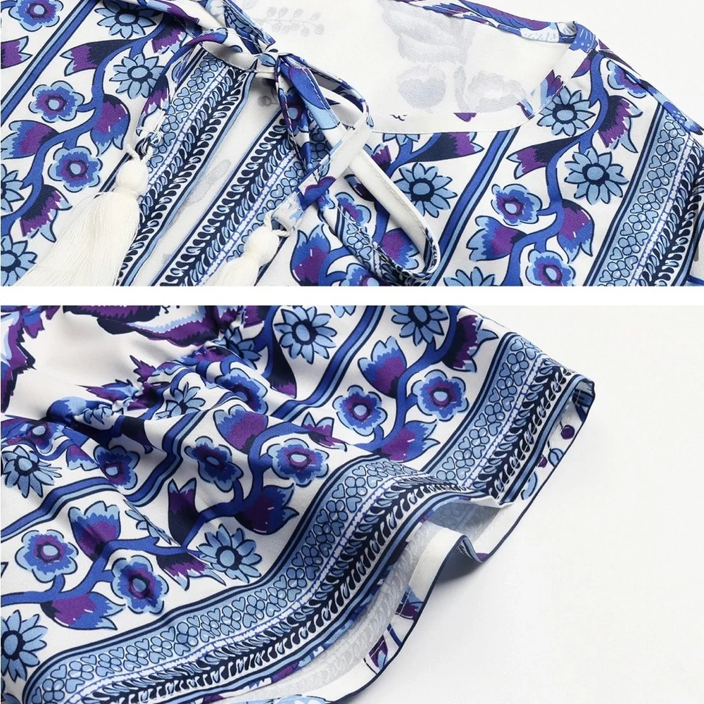 (Last 1) Athena Bohemian retro Greek floral blue/white tassel shirt sleeve top - Picture 4 of 8